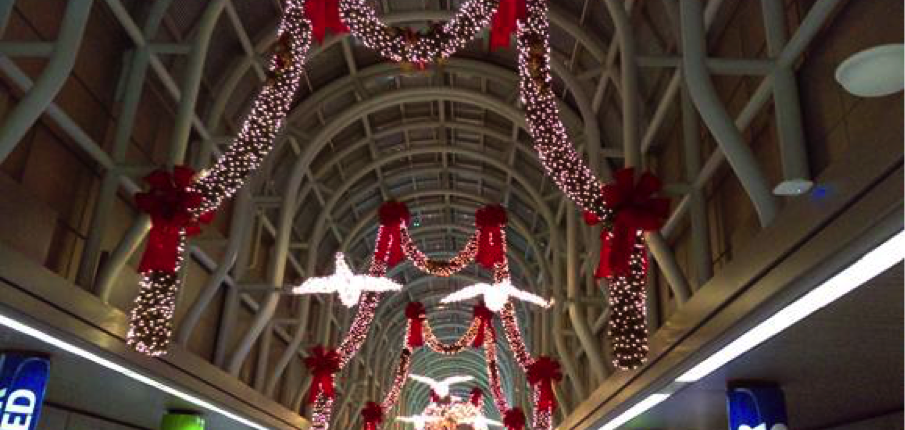 The American Terminal at O’Hare Airport, decorated for the holidays. The welcome starts as soon as you step off of a plane.